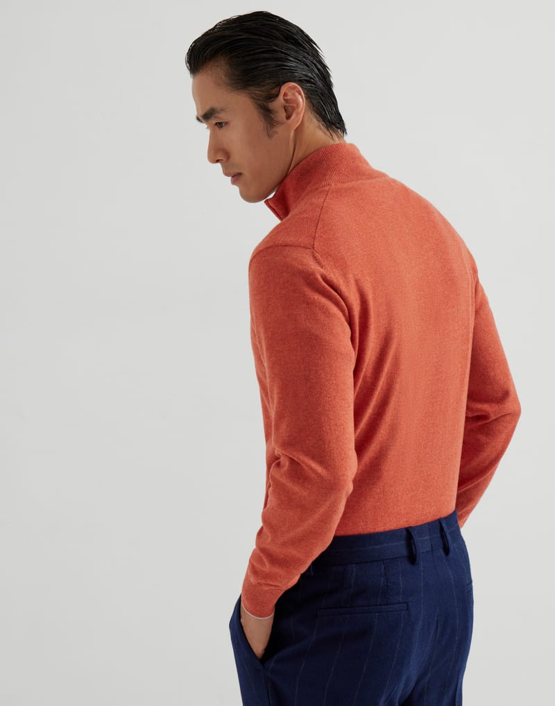 BRUNELLO CUCINELLI MEN'S PUMPKIN WOOL HALF ZIP SWEATER