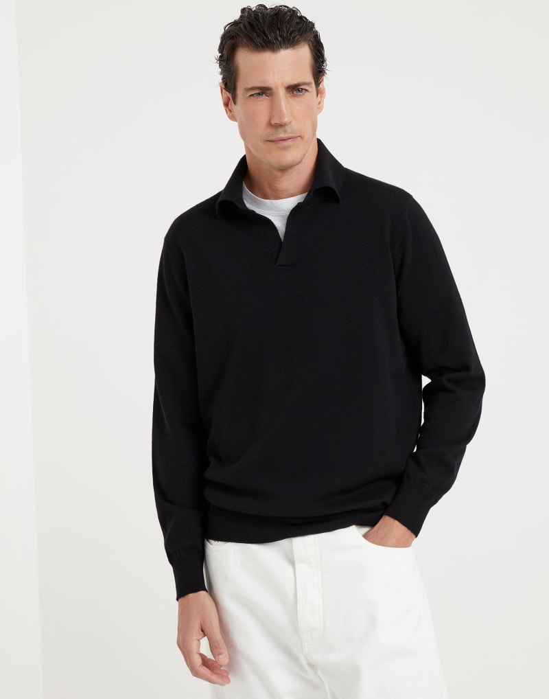 BRUNELLO CUCINELLI MEN'S BLACK WOOL POLO COLLAR SWEATER