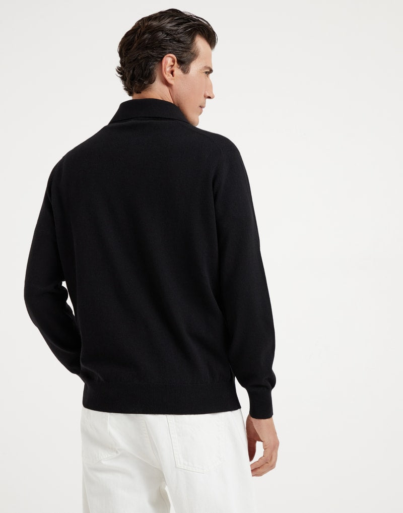 BRUNELLO CUCINELLI MEN'S BLACK WOOL POLO COLLAR SWEATER