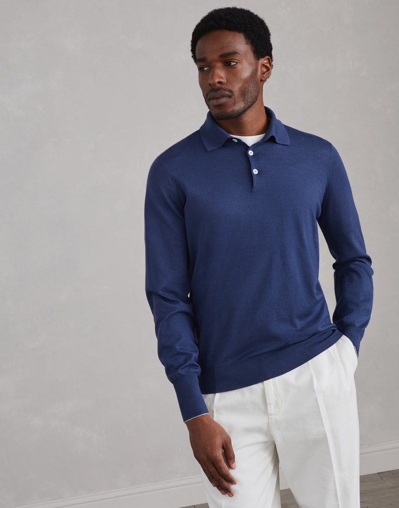 BRUNELLO CUCINELLI MEN'S ASTRAL WOOL SILK POLO COLLAR SWEATER