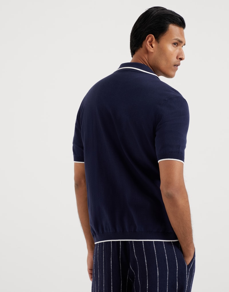 BRUNELLO CUCINELLI MEN'S NAVY COTTON SHORT SLEEVE BUTTON SWEATER