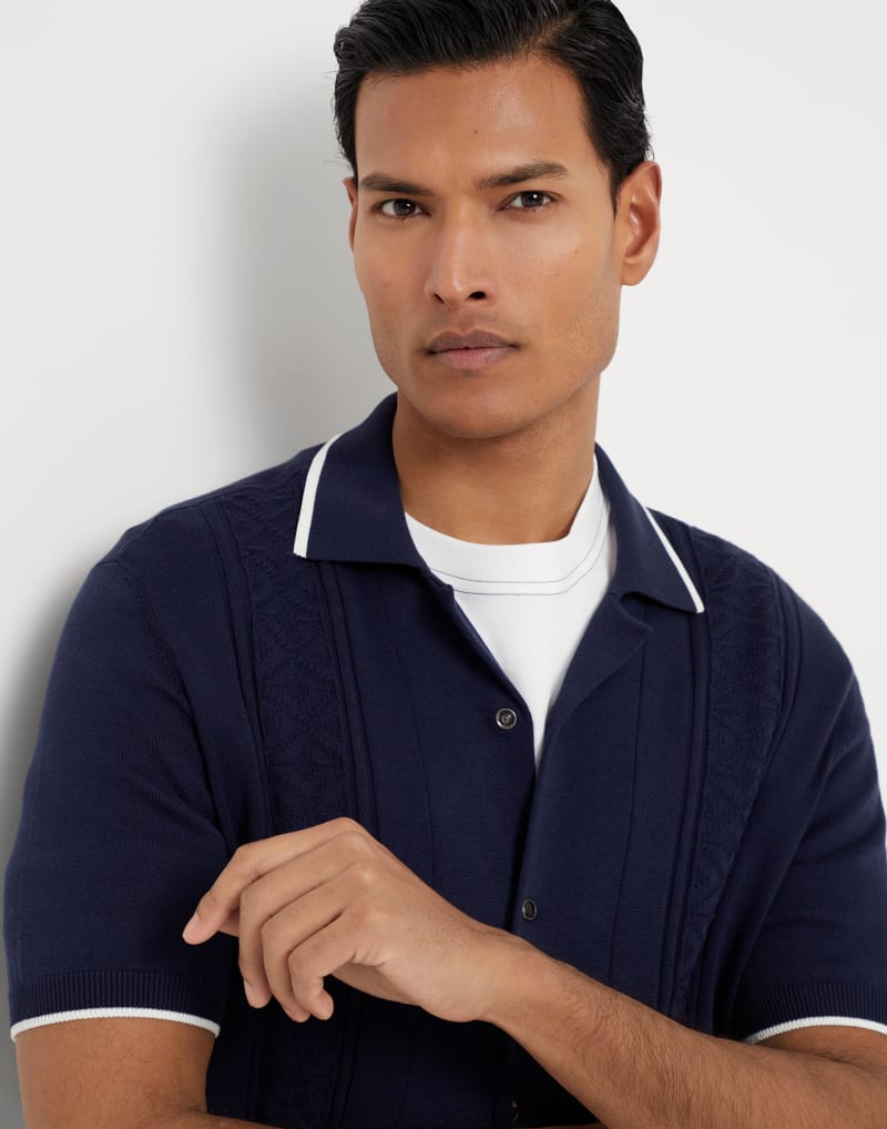 BRUNELLO CUCINELLI MEN'S NAVY COTTON SHORT SLEEVE BUTTON SWEATER