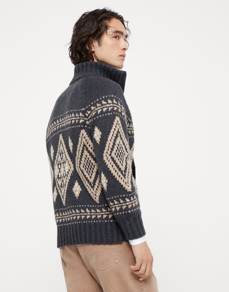 BRUNELLO CUCINELLI MEN'S BLACK STONE CAMEL WOOL ZIP FRONT PATTERNED SWEATER
