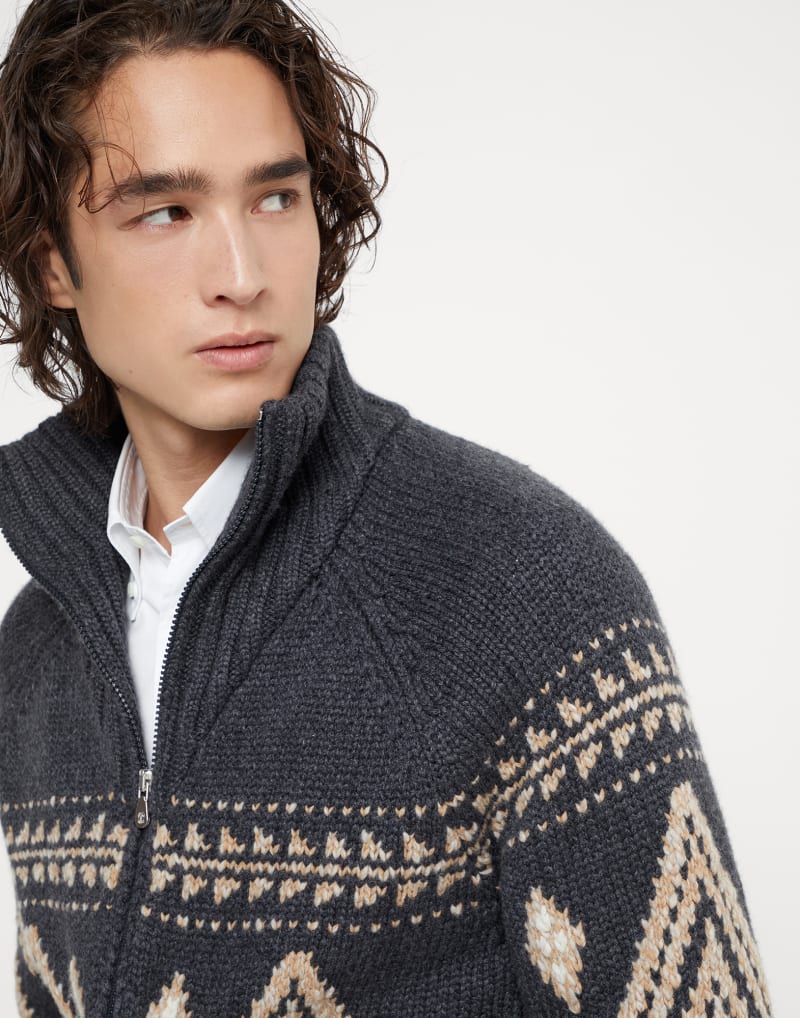 BRUNELLO CUCINELLI MEN'S BLACK STONE CAMEL WOOL ZIP FRONT PATTERNED SWEATER