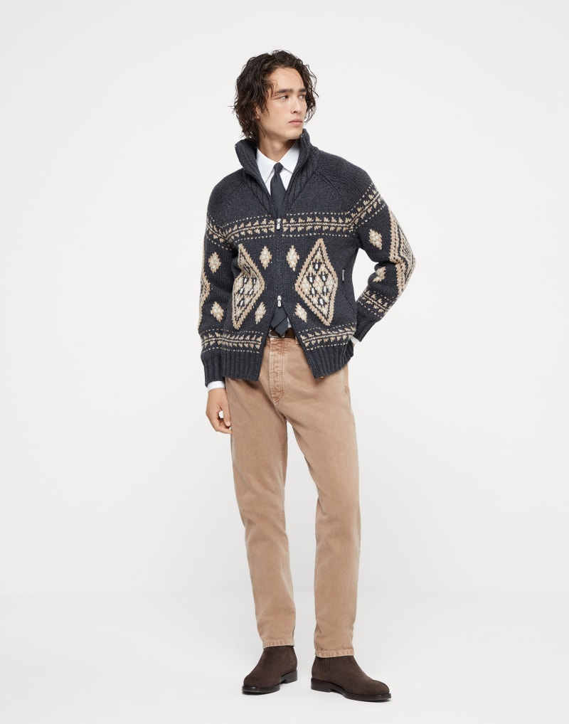 BRUNELLO CUCINELLI MEN'S BLACK STONE CAMEL WOOL ZIP FRONT PATTERNED SWEATER