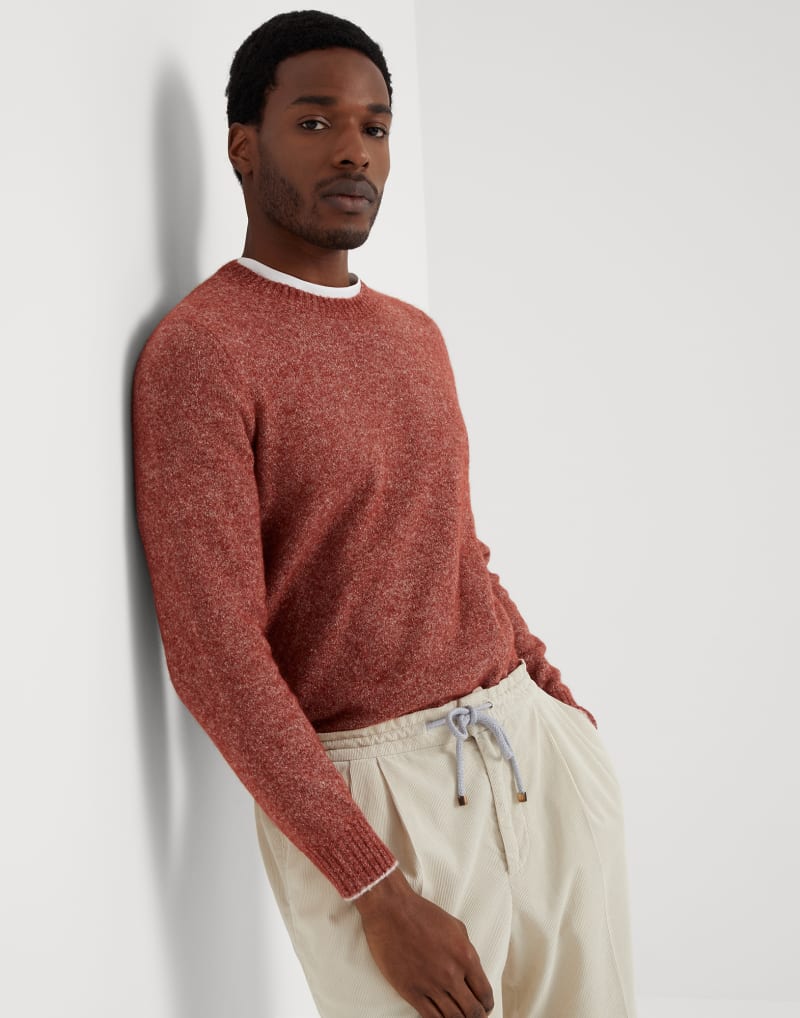 BRUNELLO CUCINELLI MEN'S CORAL WOOL BLEND CREWNECK SWEATER