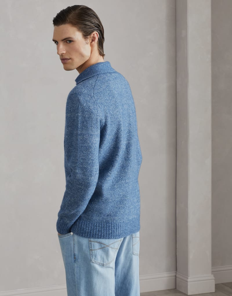 BRUNELLO CUCINELLI MEN'S BLUE WOOL BLEND POLO COLLAR SWEATER