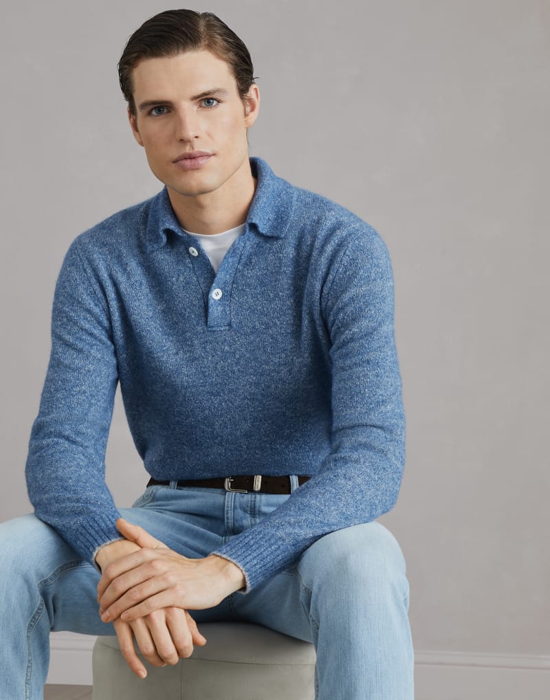 BRUNELLO CUCINELLI MEN'S BLUE WOOL BLEND POLO COLLAR SWEATER