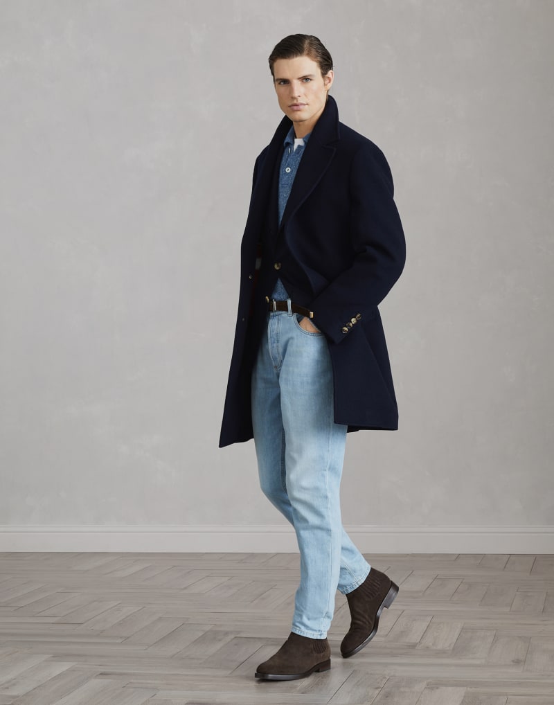 BRUNELLO CUCINELLI MEN'S BLUE WOOL BLEND POLO COLLAR SWEATER