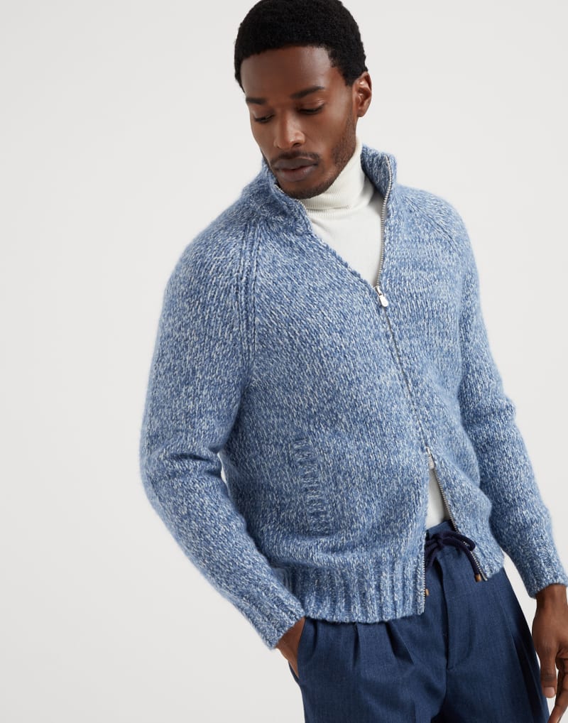 BRUNELLO CUCINELLI MEN'S CELESTE WOOL BLEND ZIP FRONT SWEATER