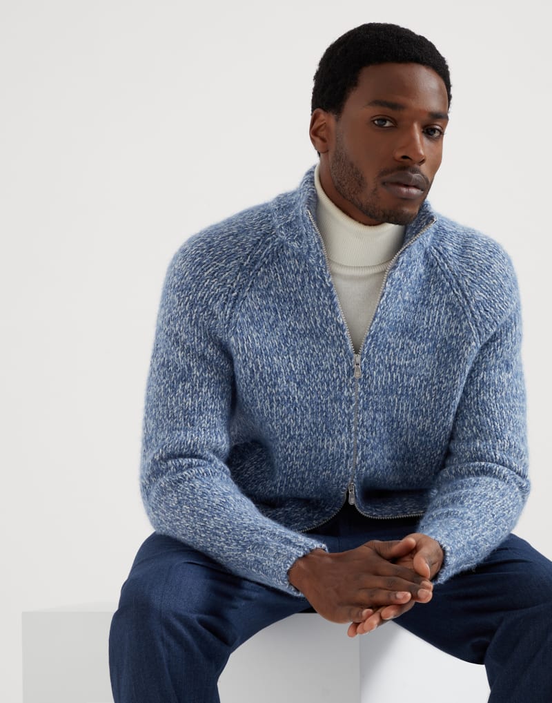 BRUNELLO CUCINELLI MEN'S CELESTE WOOL BLEND ZIP FRONT SWEATER
