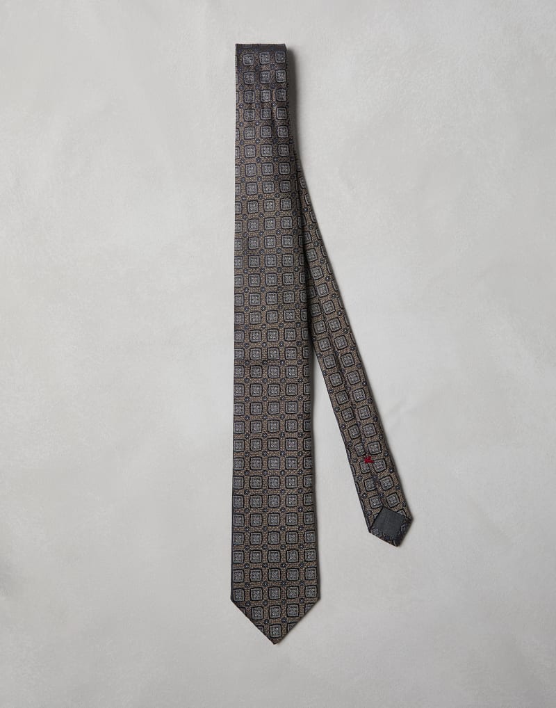 BRUNELLO CUCINELLI MEN'S BROWN LIGHT GREY SILK PATTERNED TIE