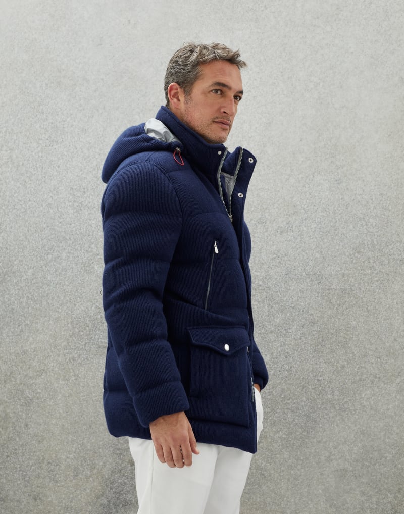 BRUNELLO CUCINELLI MEN'S DARK BLUE WOOL PADDED HOODED JACKET