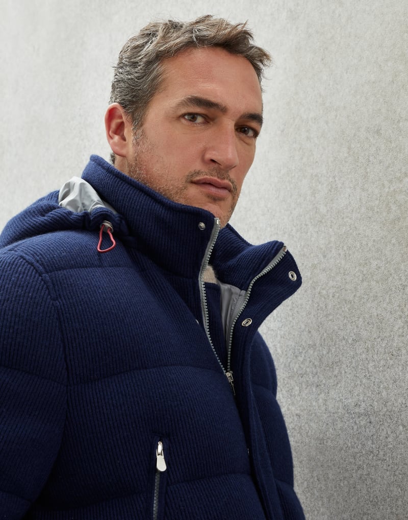BRUNELLO CUCINELLI MEN'S DARK BLUE WOOL PADDED HOODED JACKET