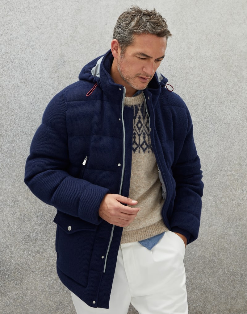BRUNELLO CUCINELLI MEN'S DARK BLUE WOOL PADDED HOODED JACKET