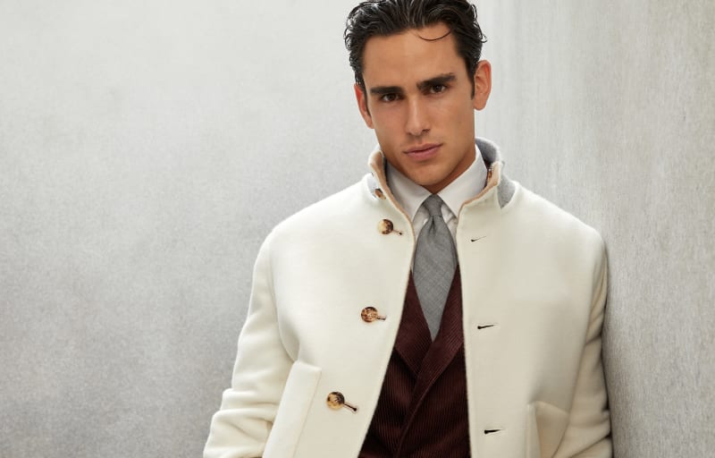 BRUNELLO CUCINELLI MEN'S WHITE WOOL BOMBER JACKET