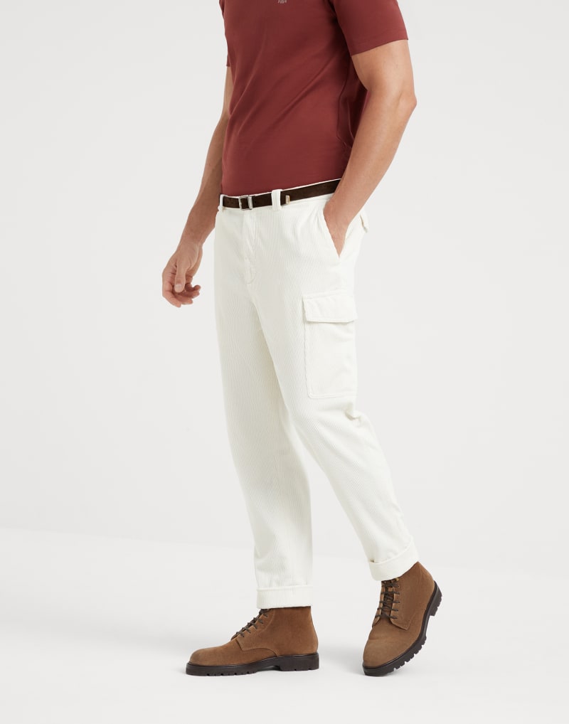BRUNELLO CUCINELLI MEN'S OFF WHITE COTTON CARGO TROUSERS