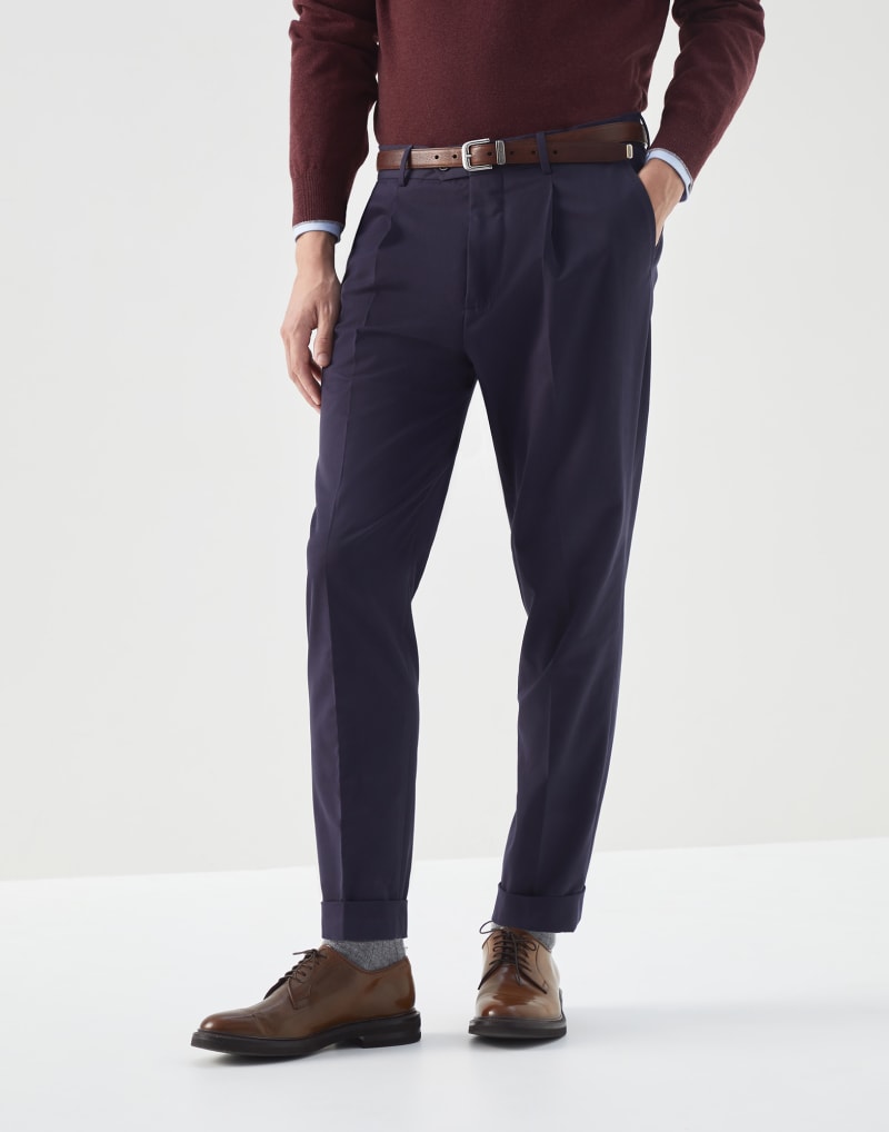 BRUNELLO CUCINELLI MEN'S NAVY COTTON WOOL BLEND TROUSERS