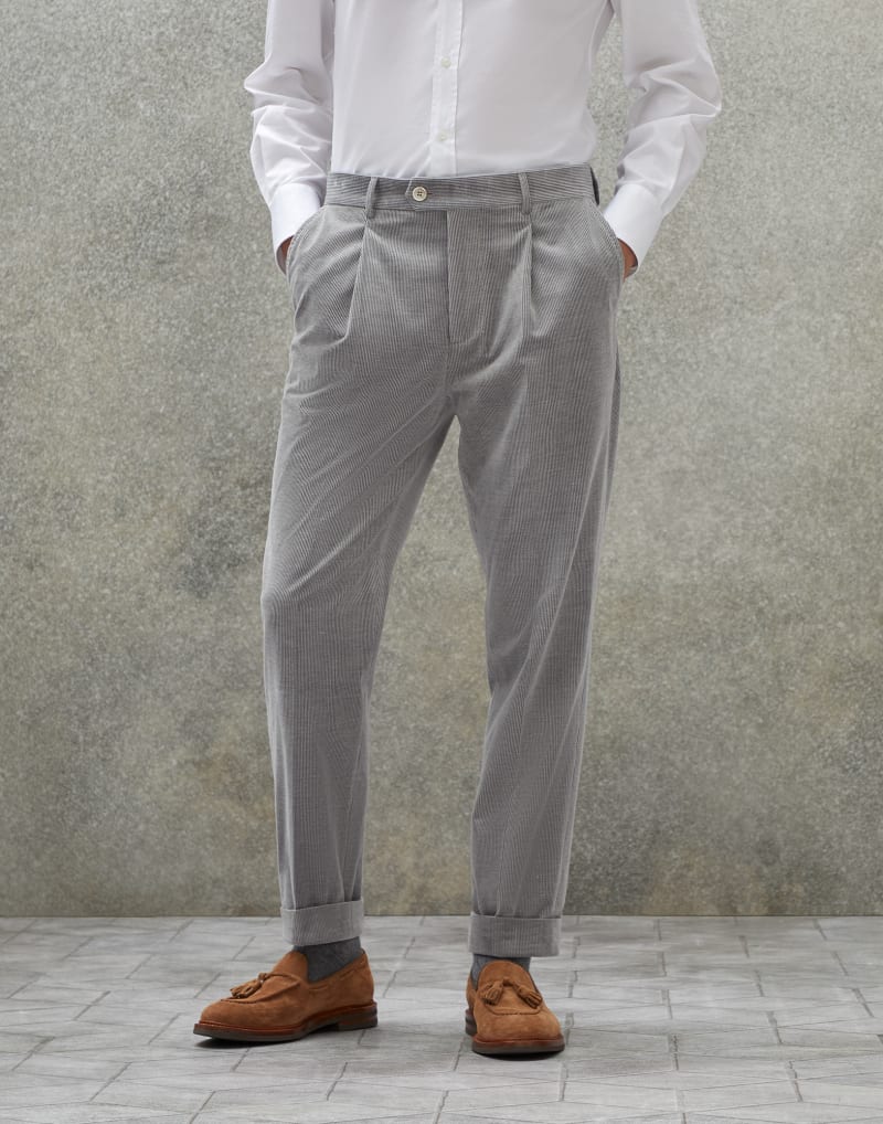 BRUNELLO CUCINELLI MEN'S GREY COTTON WOOL PLEATED TROUSERS