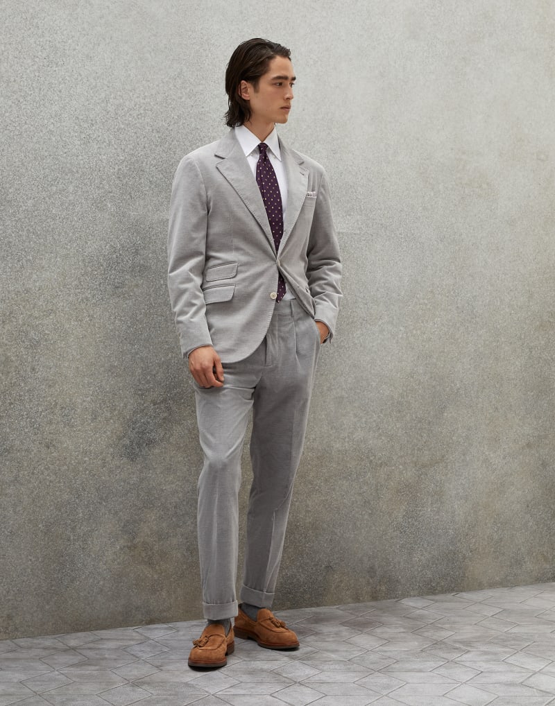 BRUNELLO CUCINELLI MEN'S GREY COTTON WOOL PLEATED TROUSERS
