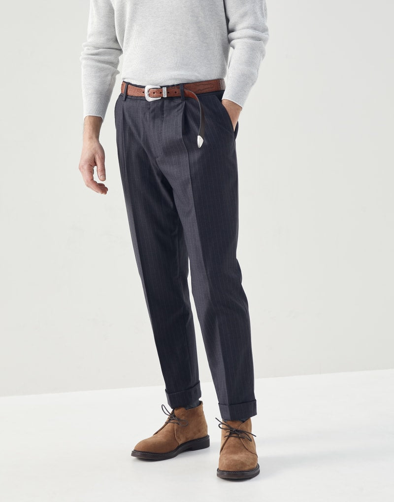 BRUNELLO CUCINELLI MEN'S MEDIUM GREY WOOL PINSTRIPE TROUSERS