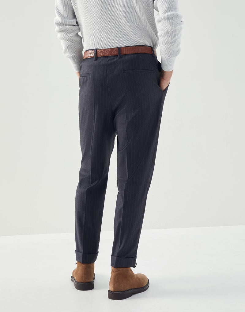 BRUNELLO CUCINELLI MEN'S MEDIUM GREY WOOL PINSTRIPE TROUSERS