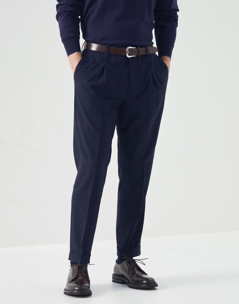 BRUNELLO CUCINELLI MEN'S BLUE WOOL CHECKED TROUSERS
