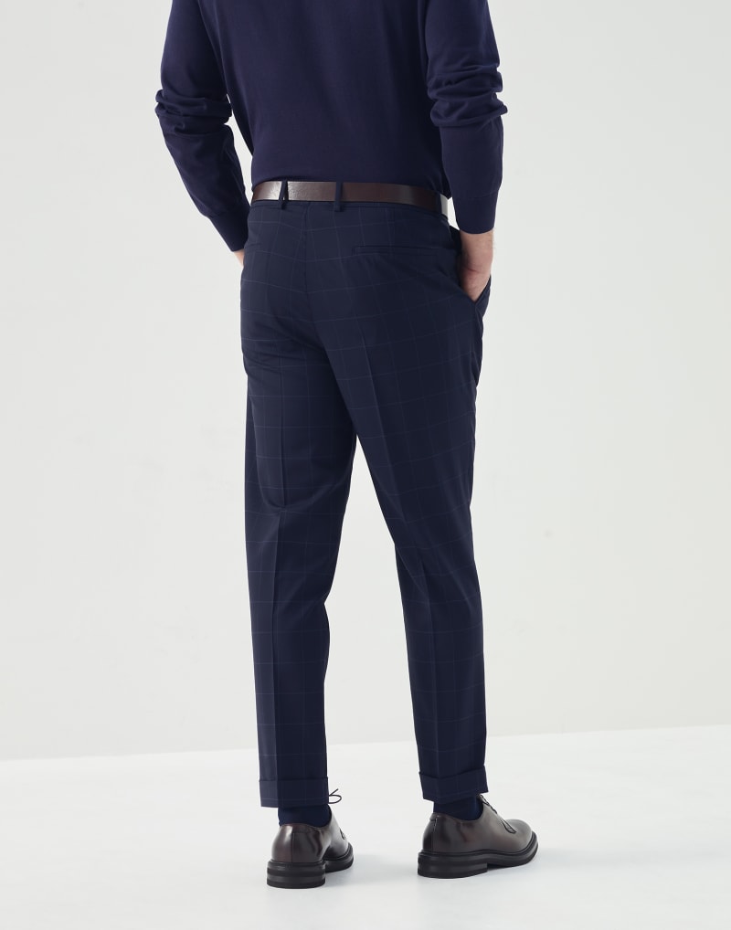 BRUNELLO CUCINELLI MEN'S BLUE WOOL CHECKED TROUSERS
