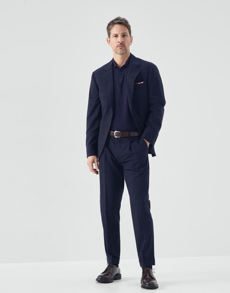 BRUNELLO CUCINELLI MEN'S BLUE WOOL CHECKED TROUSERS