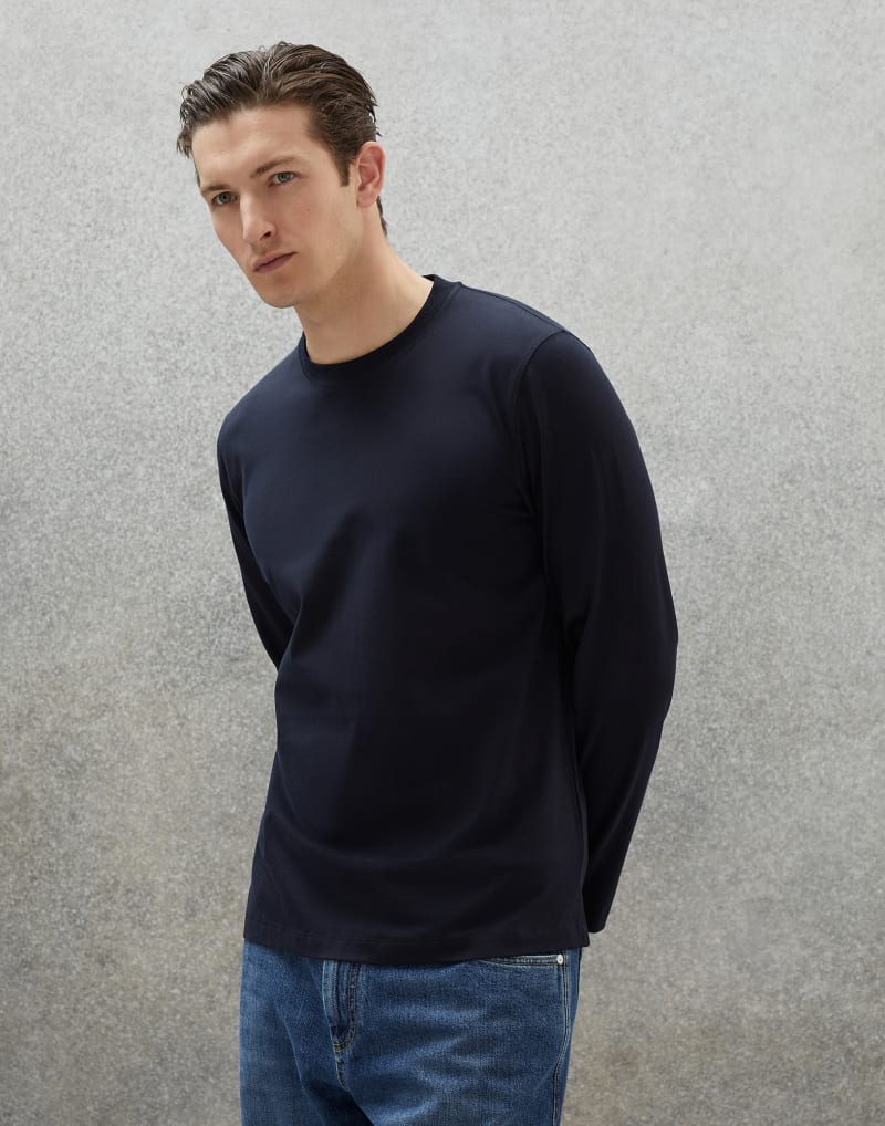 BRUNELLO CUCINELLI MEN'S NAVY LONG SLEEVE COTTON SHIRT