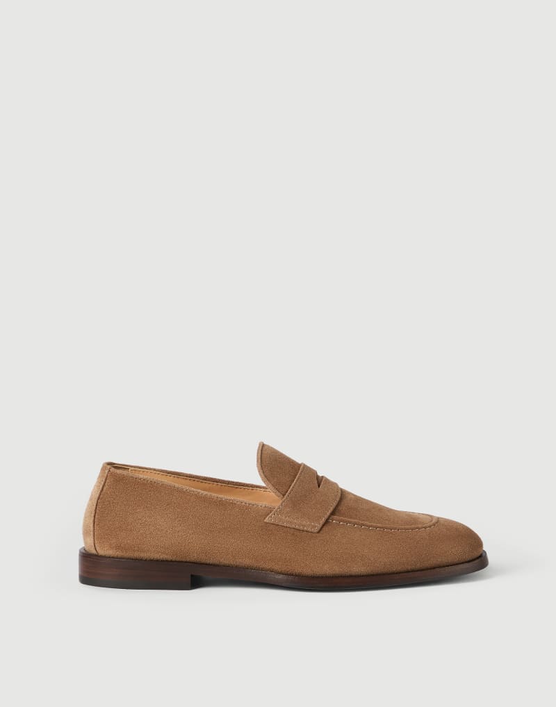 BRUNELLO CUCINELLI MEN'S DARK BEIGE SUEDE PENNY LOAFERS