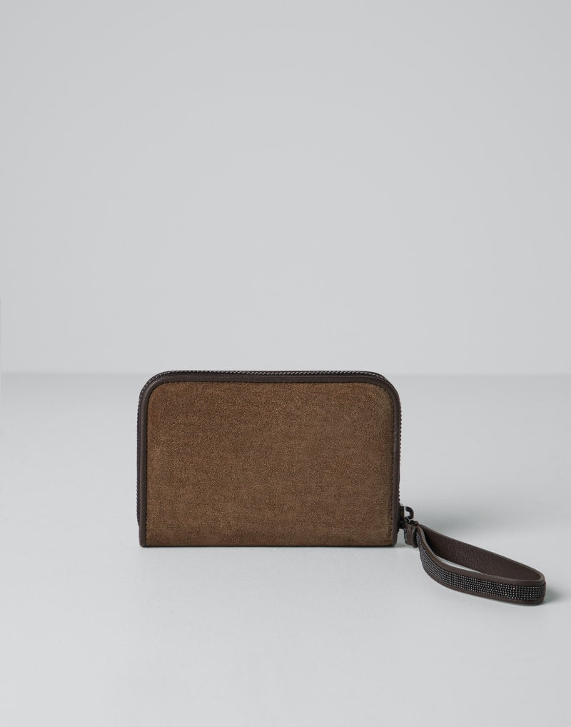 BRUNELLO CUCINELLI WOMEN'S BROWN SUEDE LEATHER ZIP WALLET
