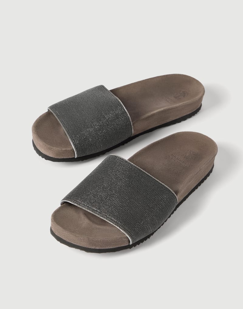 BRUNELLO CUCINELLI WOMEN'S LIGHT GREY LINEN OPEN TOE SLIDES