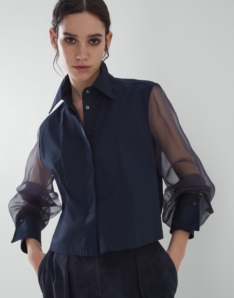 BRUNELLO CUCINELLI WOMEN'S NIGHT SHEER SLEEVE COTTON BLEND SHIRT