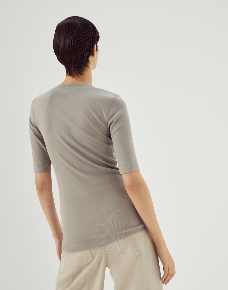 BRUNELLO CUCINELLI WOMEN'S KHAKI STRETCH COTTON V NECK SHIRT