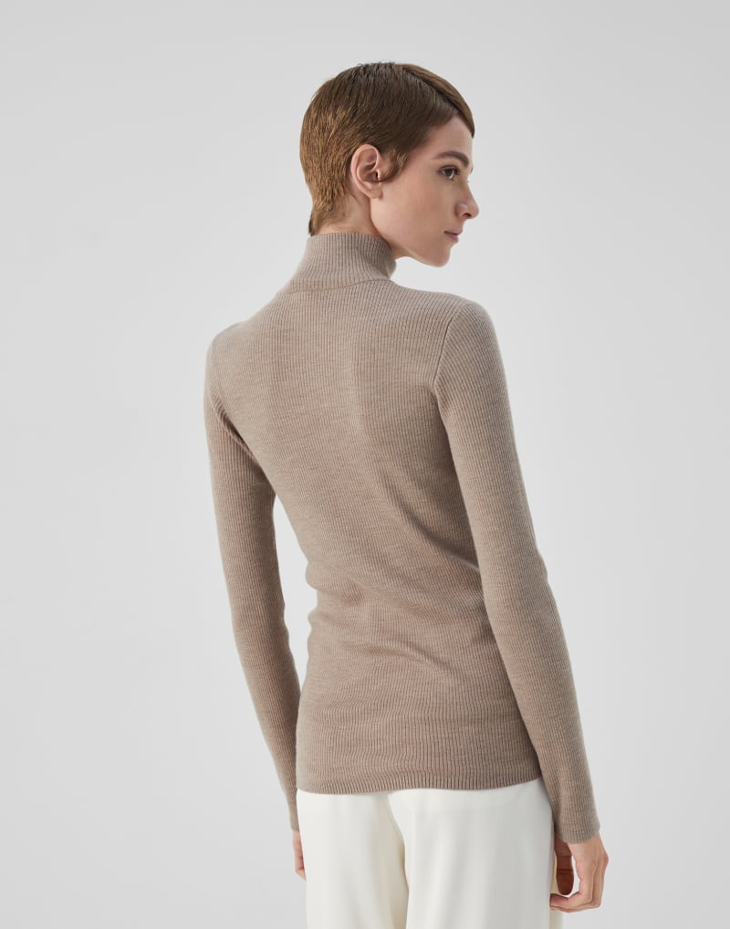 BRUNELLO CUCINELLI WOMEN'S BROWN WOOL BLEND ZIP MOCK NECK SWEATER