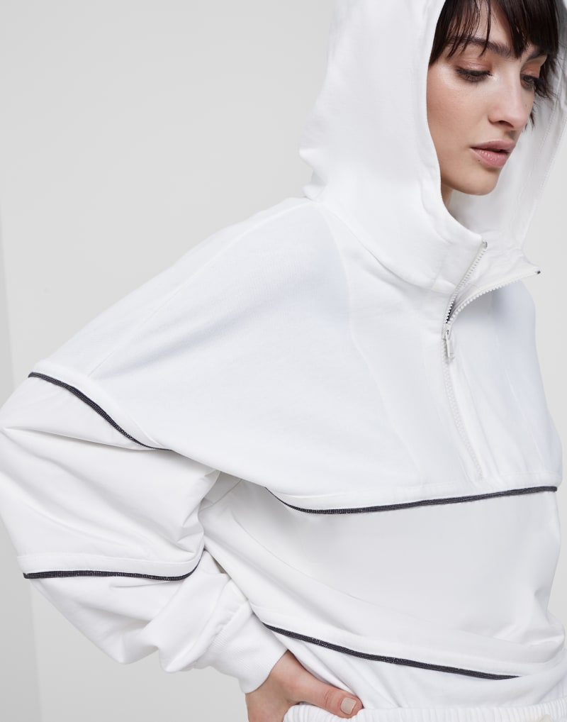 BRUNELLO CUCINELLI WOMEN'S OFF WHITE COTTON HALF ZIP HOODED SWEATER