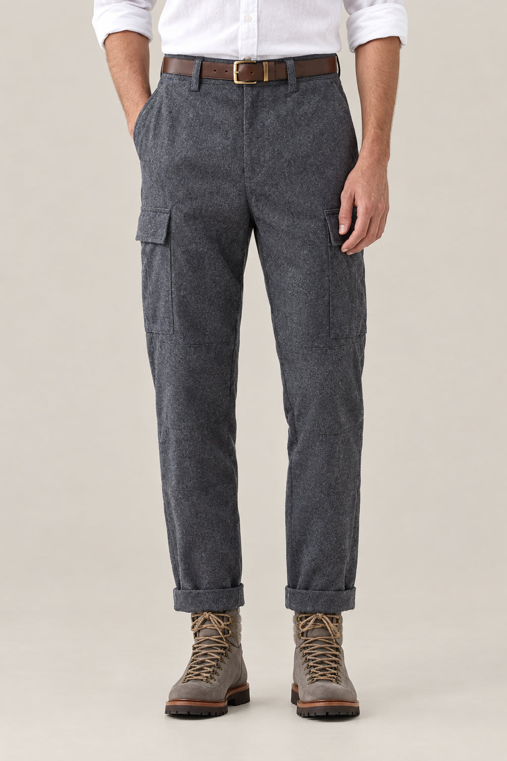 BRUNELLO CUCINELLI MEN'S DARK GREY WOOL CARGO PANTS