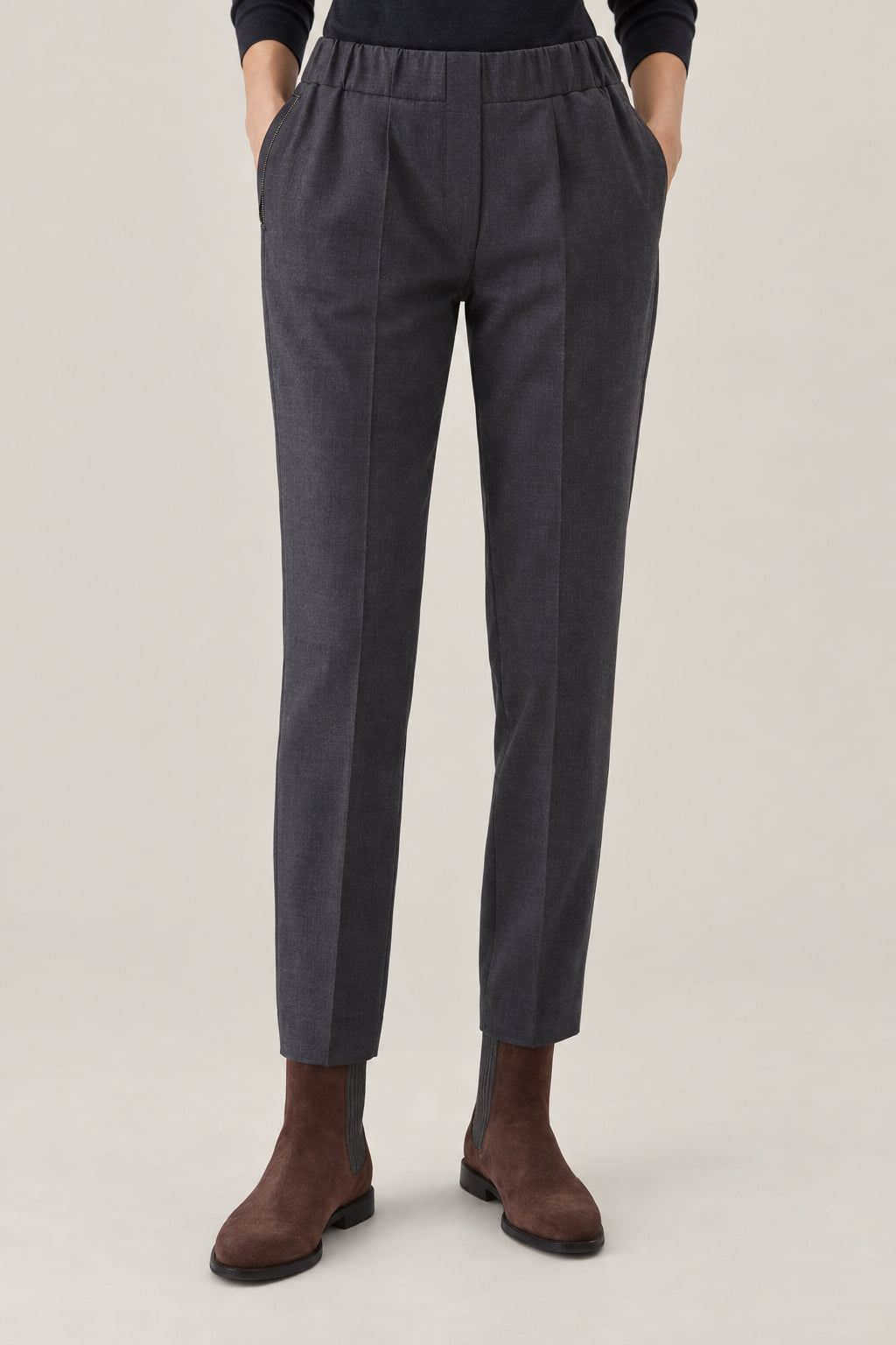 BRUNELLO CUCINELLI WOMEN'S DARK GREY WOOL BLEND STRAIGHT TROUSERS
