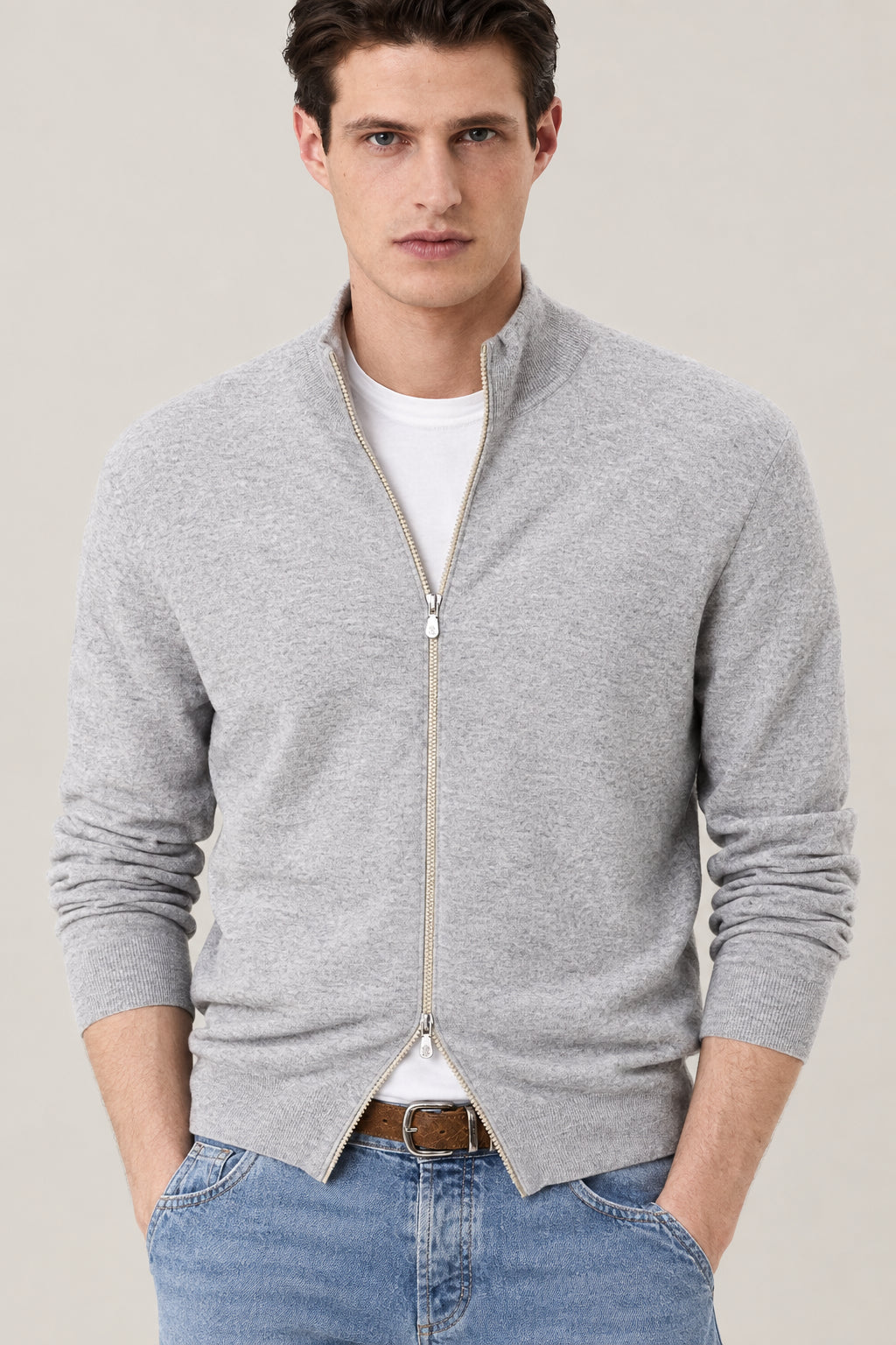 BRUNELLO CUCINELLI MEN'S PEBBLE WOOL ZIP FRONT SWEATER