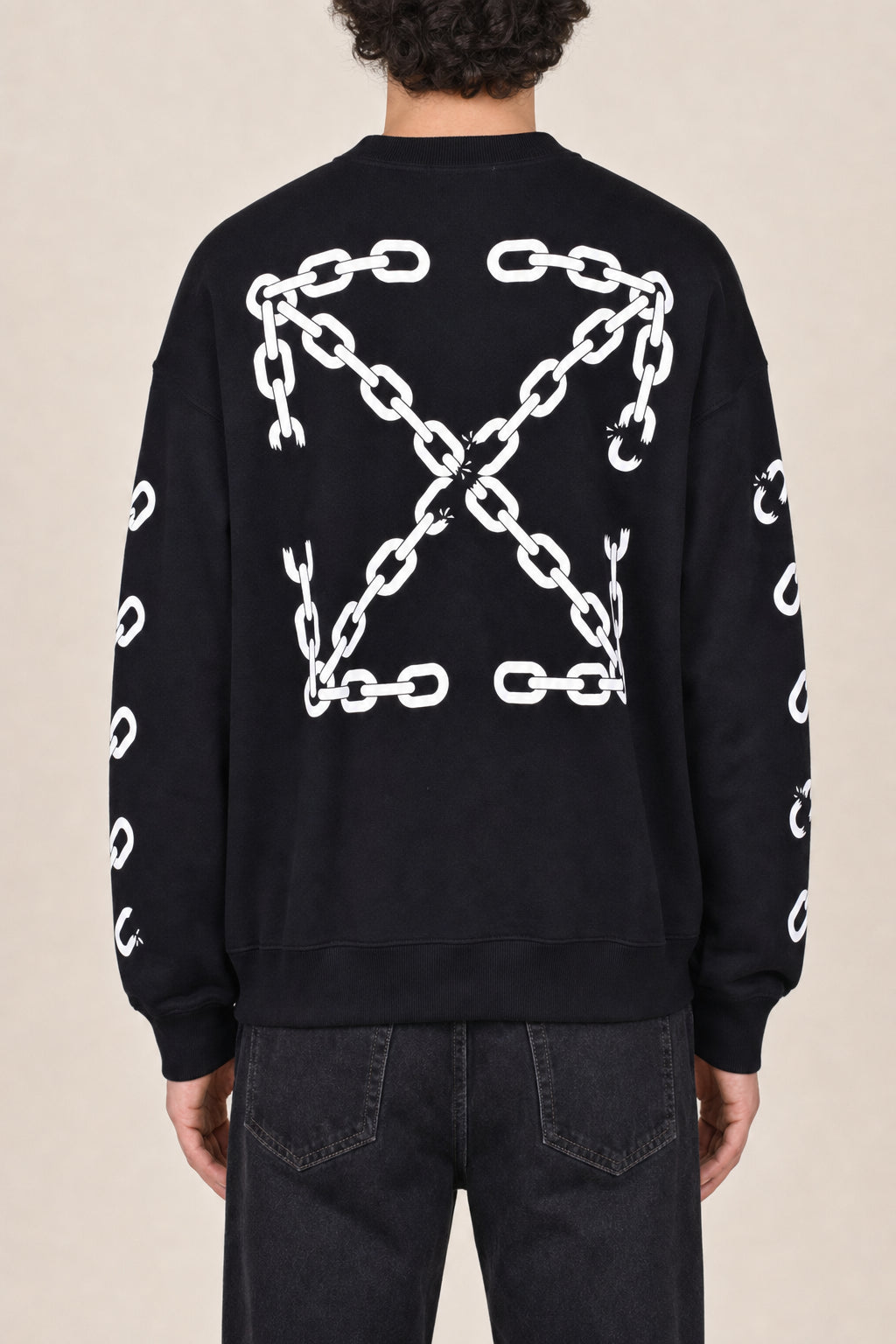 OFF-WHITE MEN'S BLACK COTTON CREWNECK SWEATER