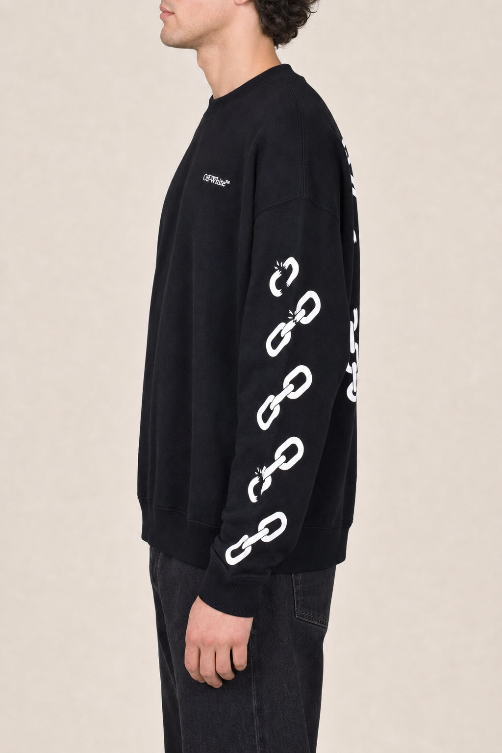 OFF-WHITE MEN'S BLACK COTTON CREWNECK SWEATER