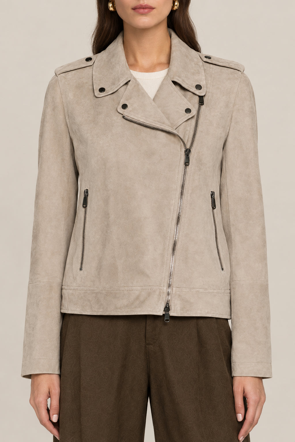 BRUNELLO CUCINELLI WOMEN'S TAUPE LEATHER BIKER JACKET