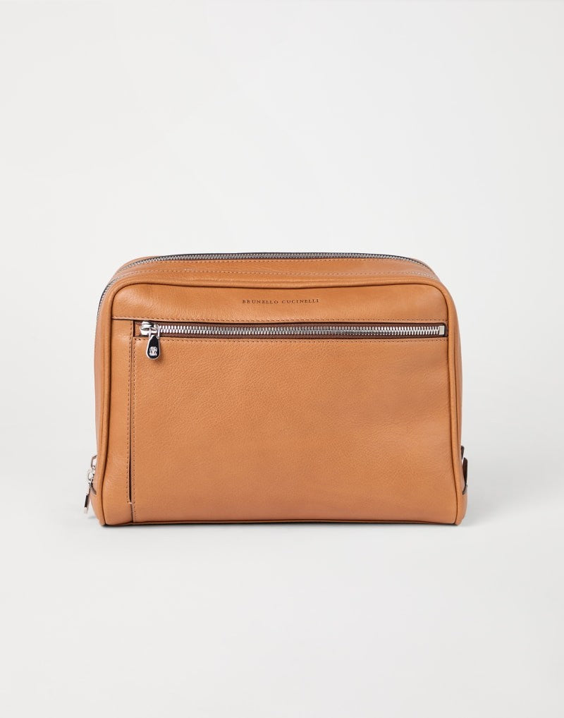 BRUNELLO CUCINELLI MEN'S COGNAC LEATHER ZIP BAG