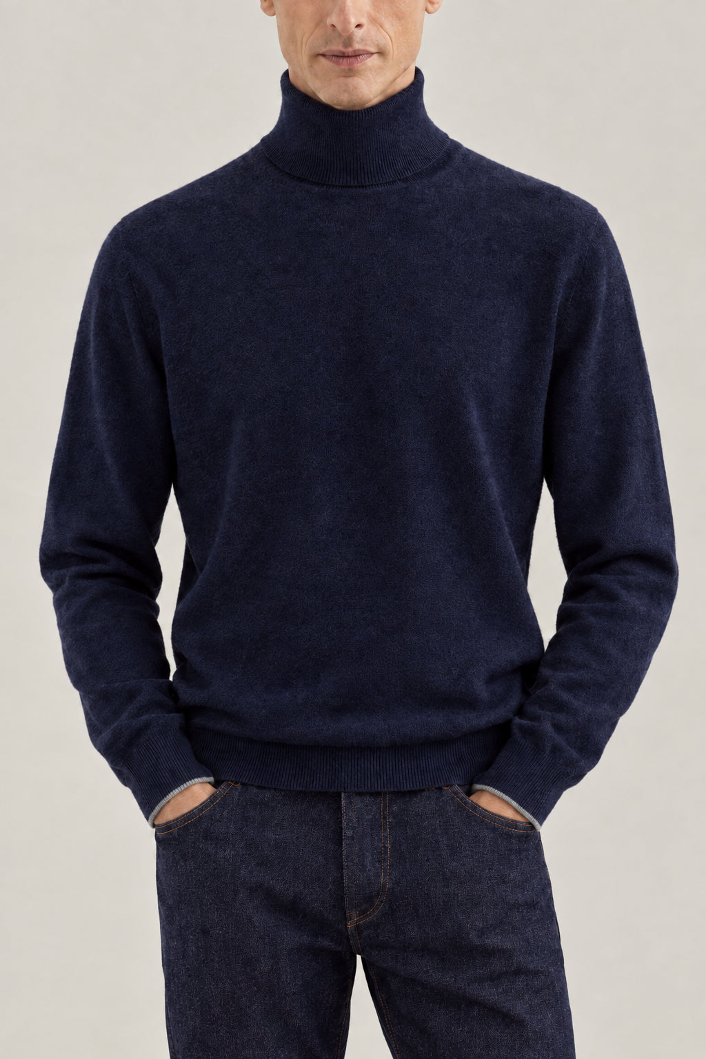 BRUNELLO CUCINELLI MEN'S NAVY WOOL TURTLENECK SWEATER