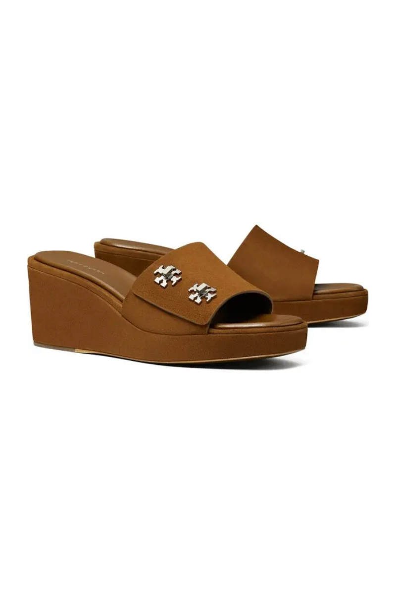 Tory Burch Turnlock Wedge Sandals in Cognac Brown Suede
