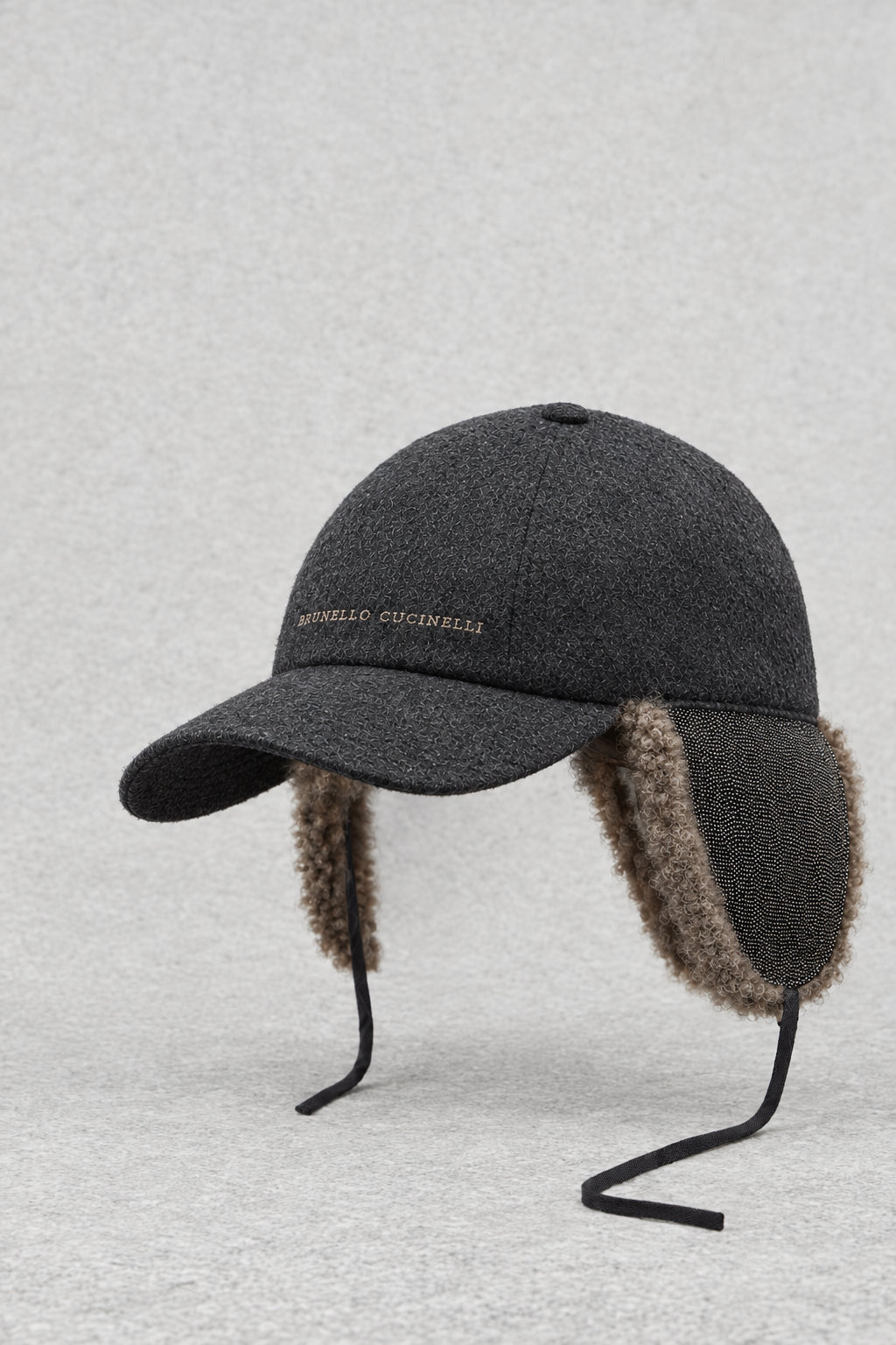 BRUNELLO CUCINELLI WOMEN'S CHARCOAL WOOL HAT WITH SHEARLING EAR FLAPS