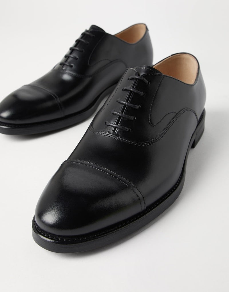 BRUNELLO CUCINELLI MEN'S BLACK LEATHER CAP TOE DRESS SHOES