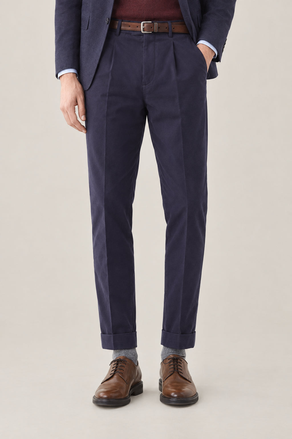 BRUNELLO CUCINELLI MEN'S NAVY COTTON WOOL BLEND TROUSERS