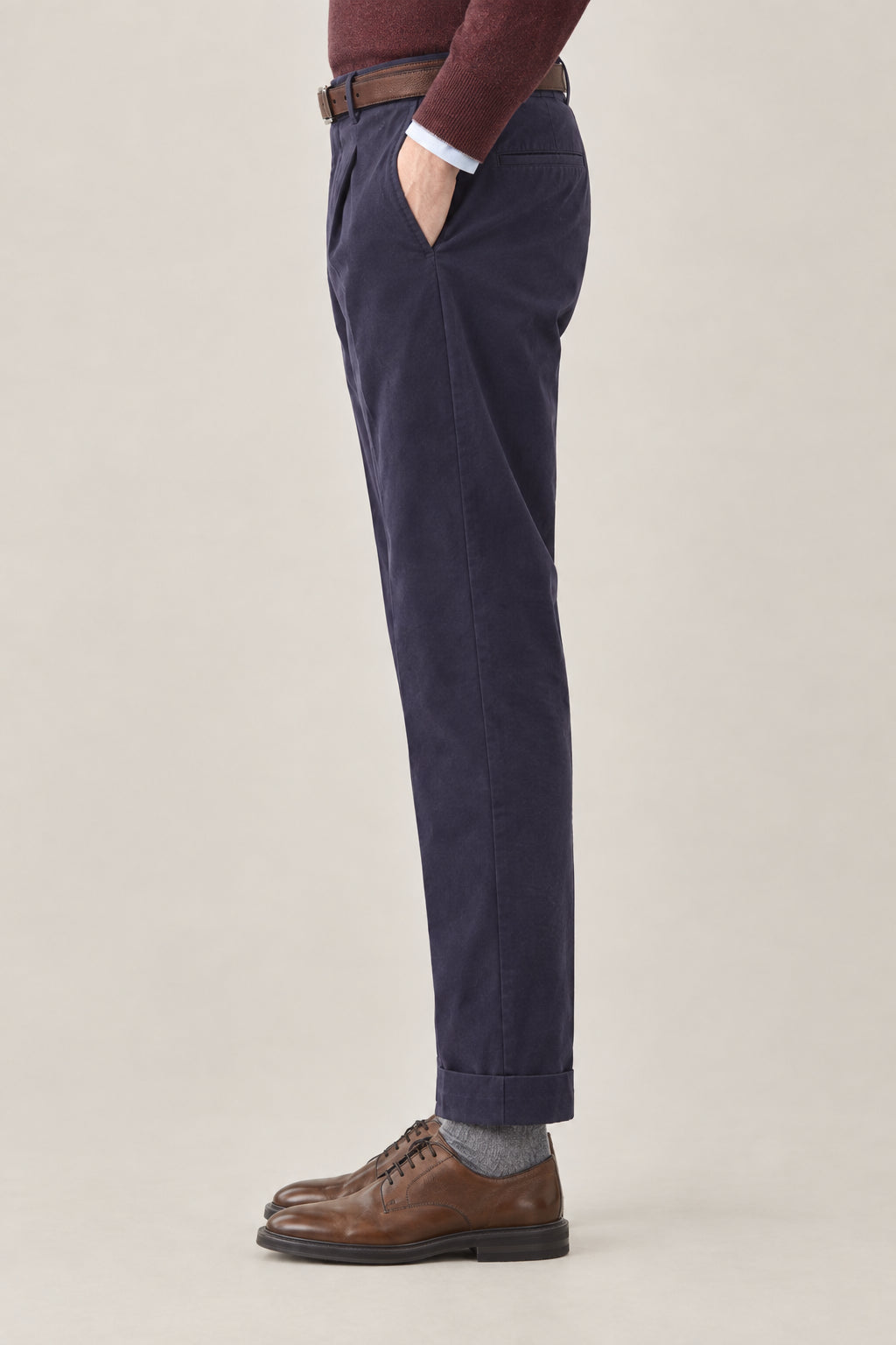 BRUNELLO CUCINELLI MEN'S NAVY COTTON WOOL BLEND TROUSERS